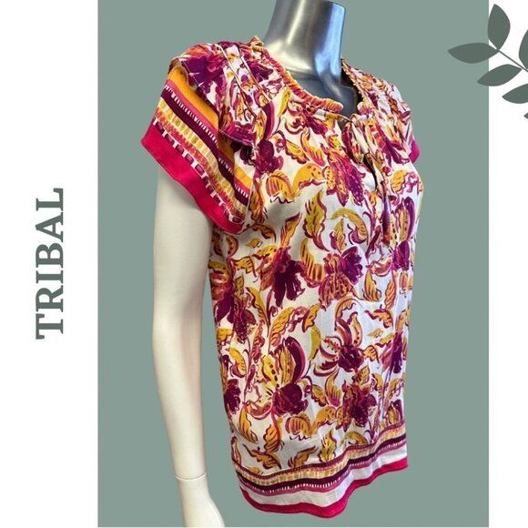 Tribal Border Print Knit Top Ruffle Short Sleeve Pink Yellow White Size XXL - Picture 4 of 9